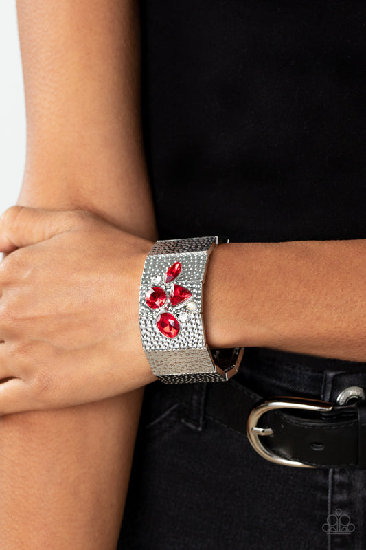 Flickering Fortune - Red Rhinestone Silver Stretch Bracelet Paparazzi B0246