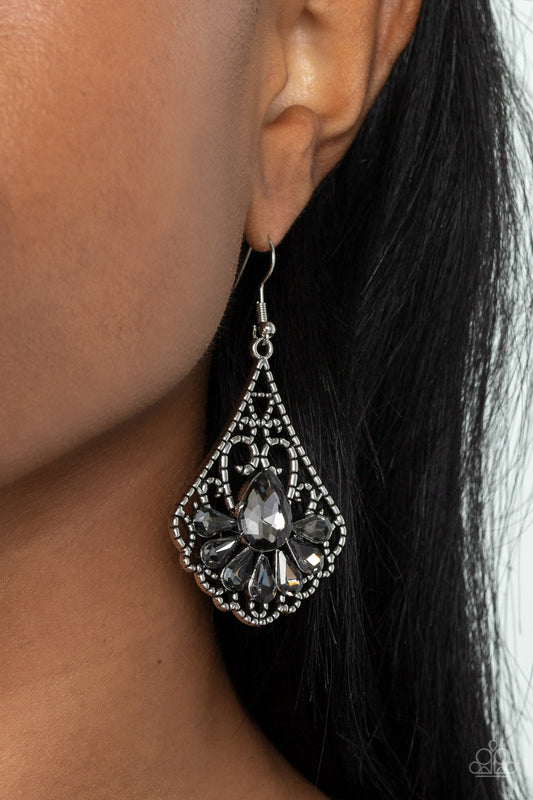 Exemplary Elegance - Silver Smoky Teardrop Rhinestone Filigree Earring Paparazzi E1506