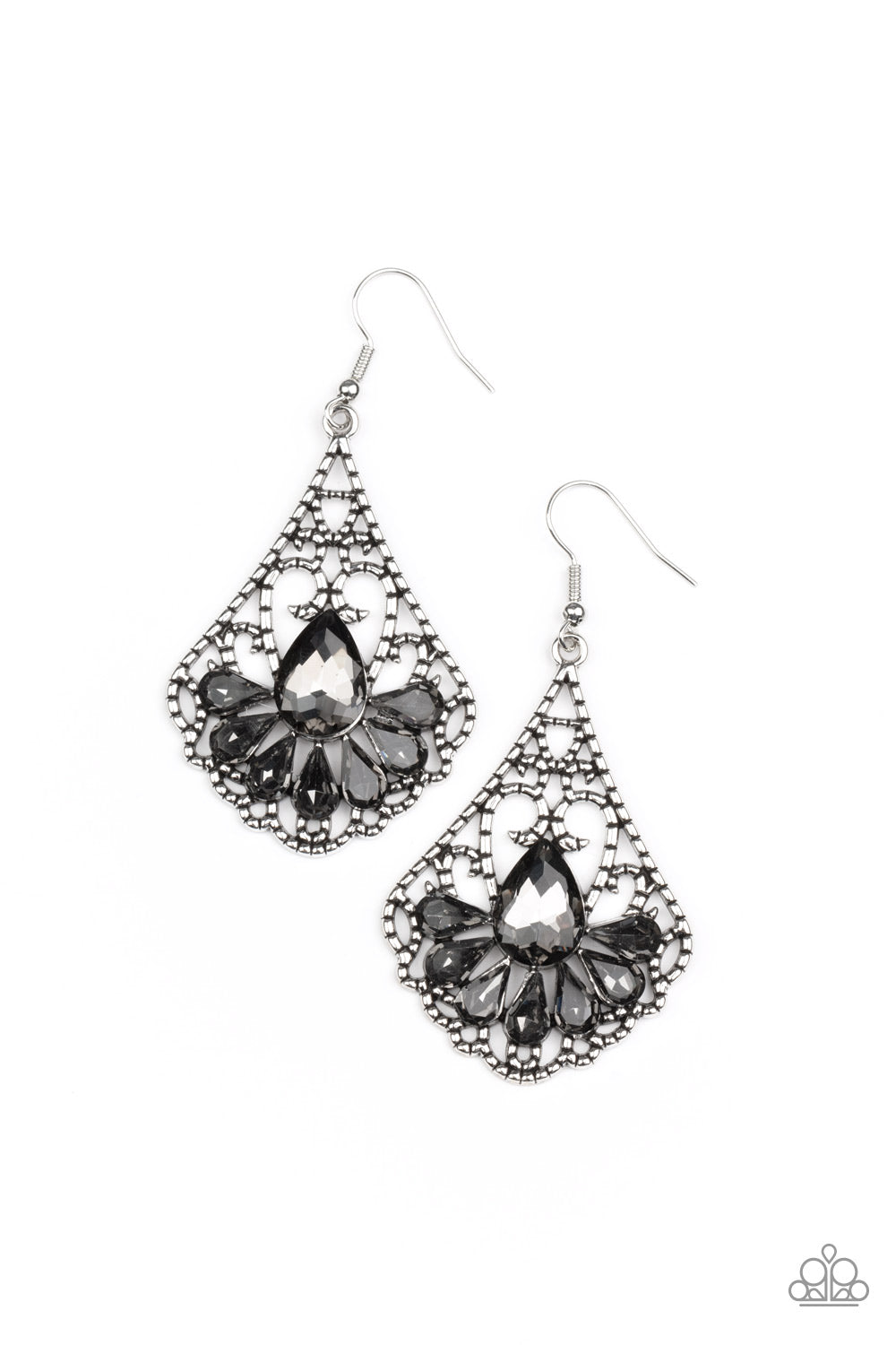 Exemplary Elegance - Silver Smoky Teardrop Rhinestone Filigree Earring Paparazzi E1506