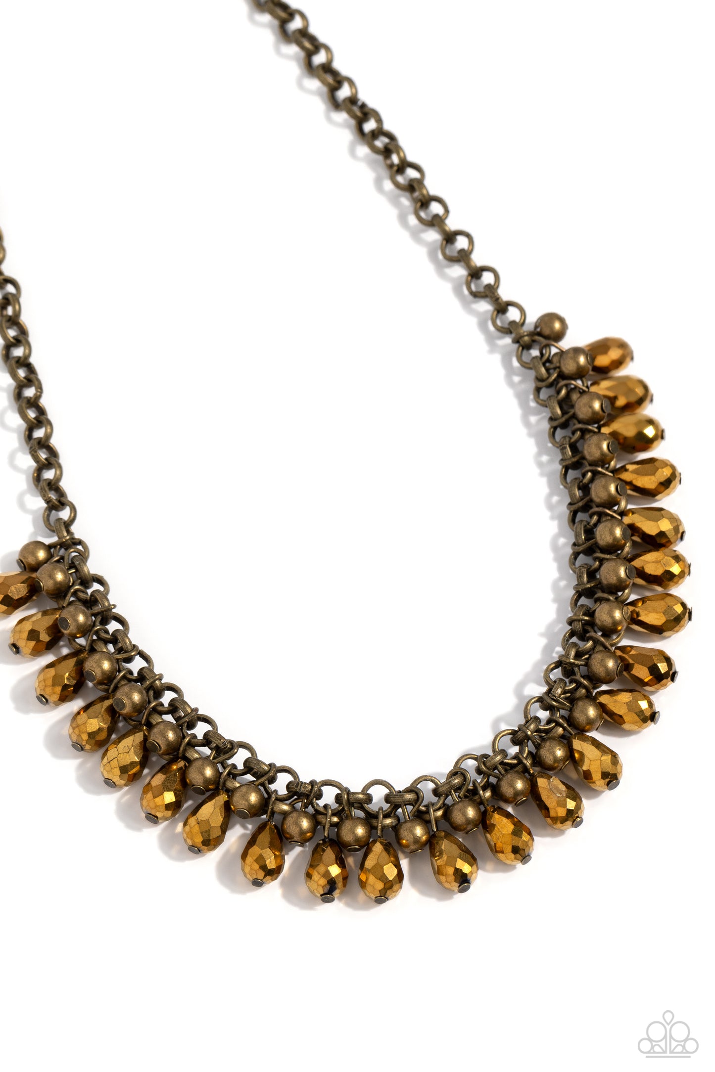 Metro Monarchy - Brass Antiqued & Aurum Teardrop Bead Fringe Necklace Paparazzi N2048