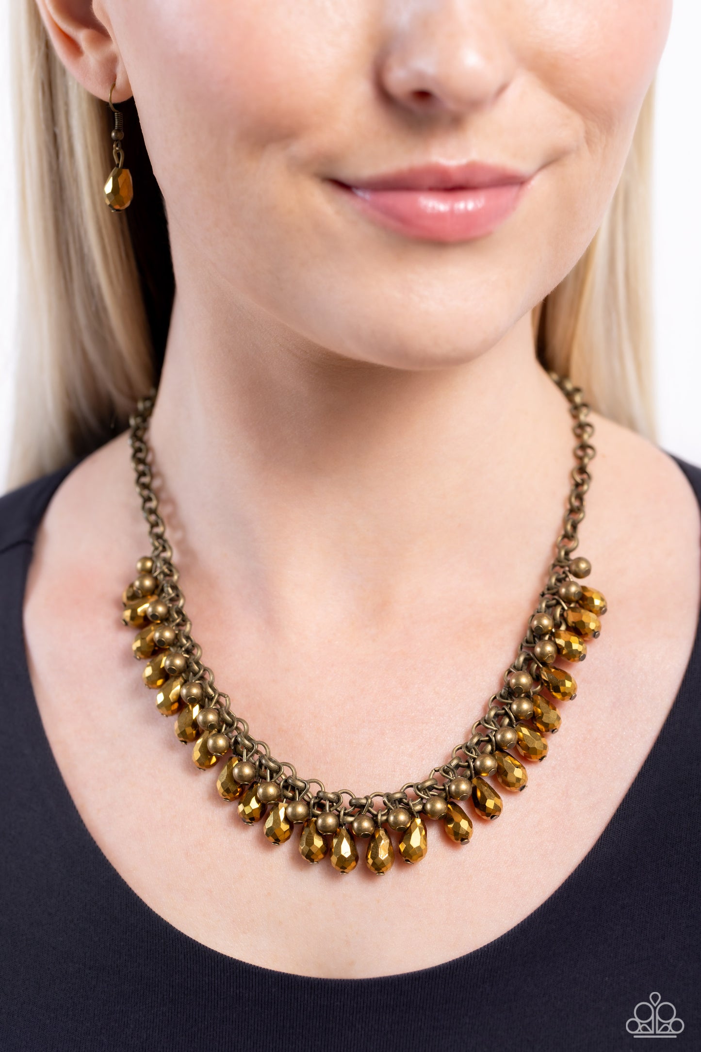 Metro Monarchy - Brass Antiqued & Aurum Teardrop Bead Fringe Necklace Paparazzi N2048