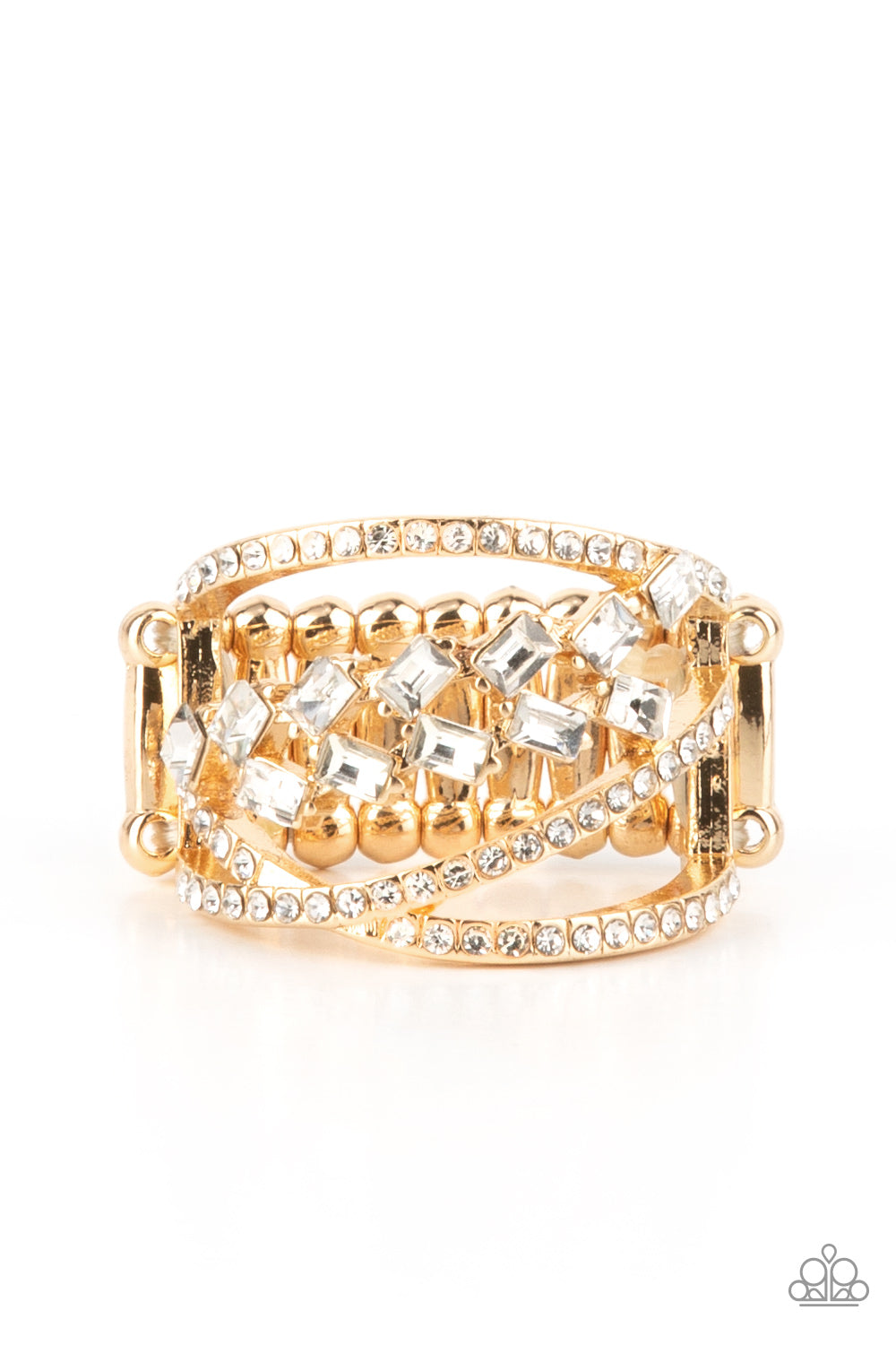 Lavishly Luminary - Gold, White Emerald Cut Gem & Rhinestone Ring Paparazzi R0536