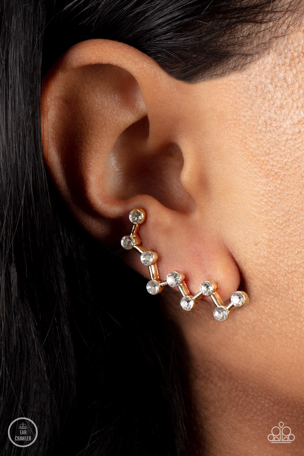 Clamoring Constellations - Gold & White Rhinestone Ear Crawler Earring Paparazzi E1190