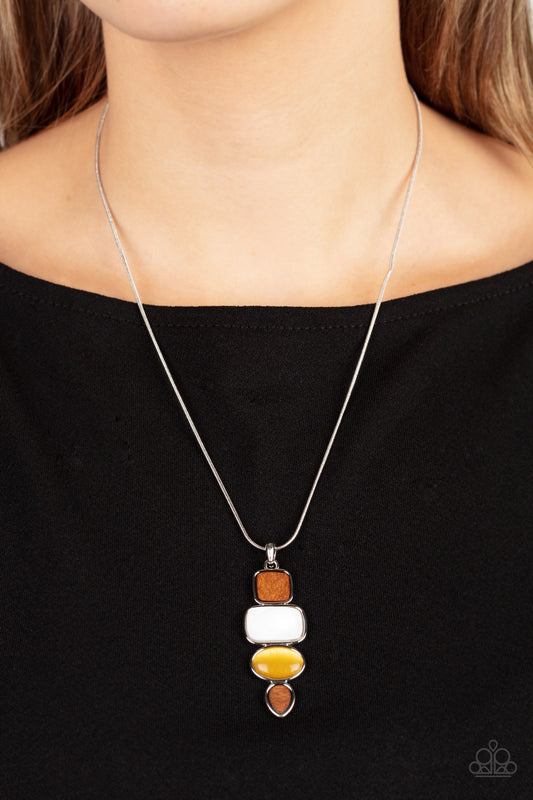 Elemental Energy - Yellow Cat's Eye, White Stone, Wooden Earthy Necklace Paparazzi N1170