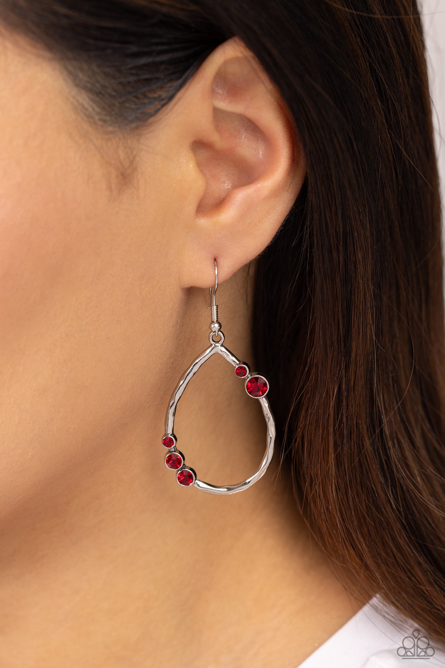 Shop Till You DROPLET - Red Eiery Rhinestone Silver Teardrop Earring Paparazzi E1236