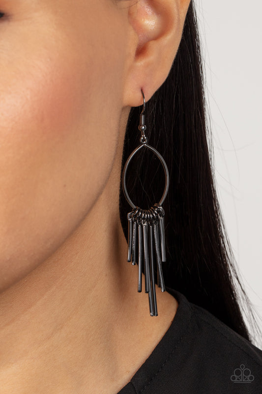 Mood Swing - Black Gunmetal Rod on Teardrop Hoop Earring Paparazzi E1198