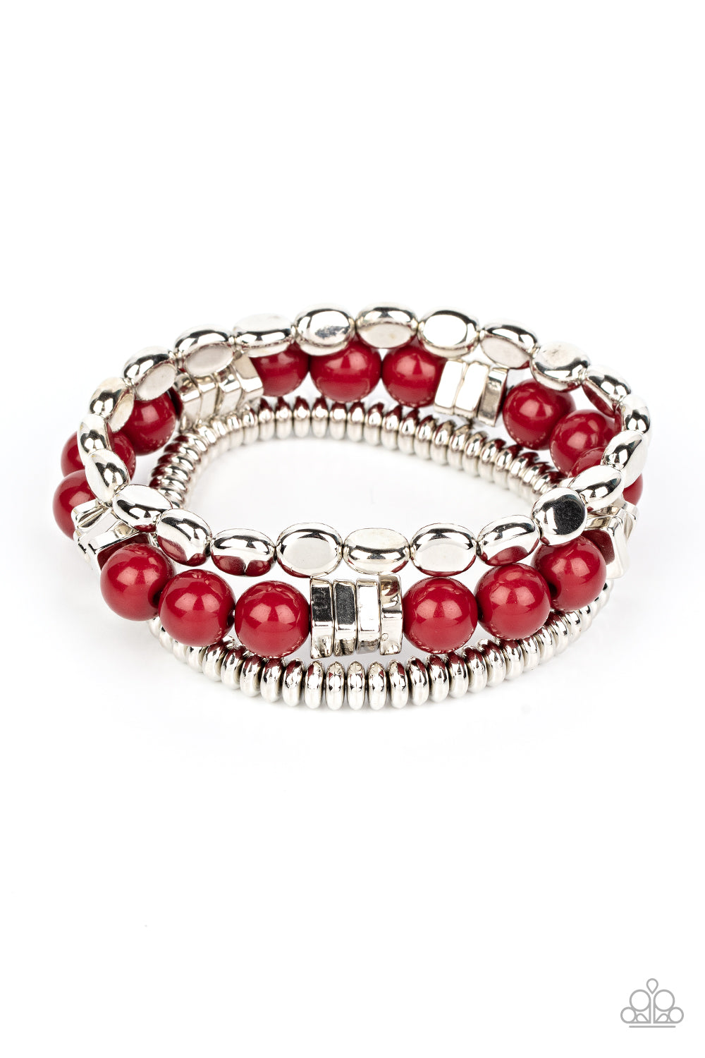 Tour de Tourist - Red Bubbly Acrylic, Silver Bead Stretch Set of 3 Bracelets Paparazzi B1457