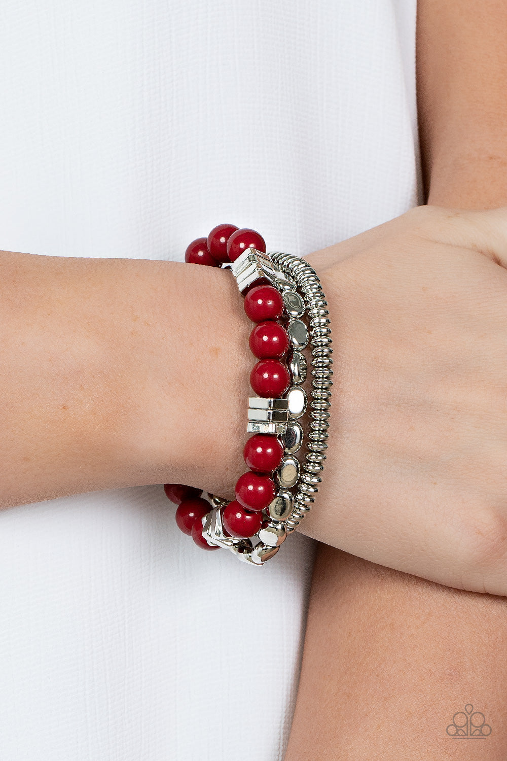 Tour de Tourist - Red Bubbly Acrylic, Silver Bead Stretch Set of 3 Bracelets Paparazzi B1457