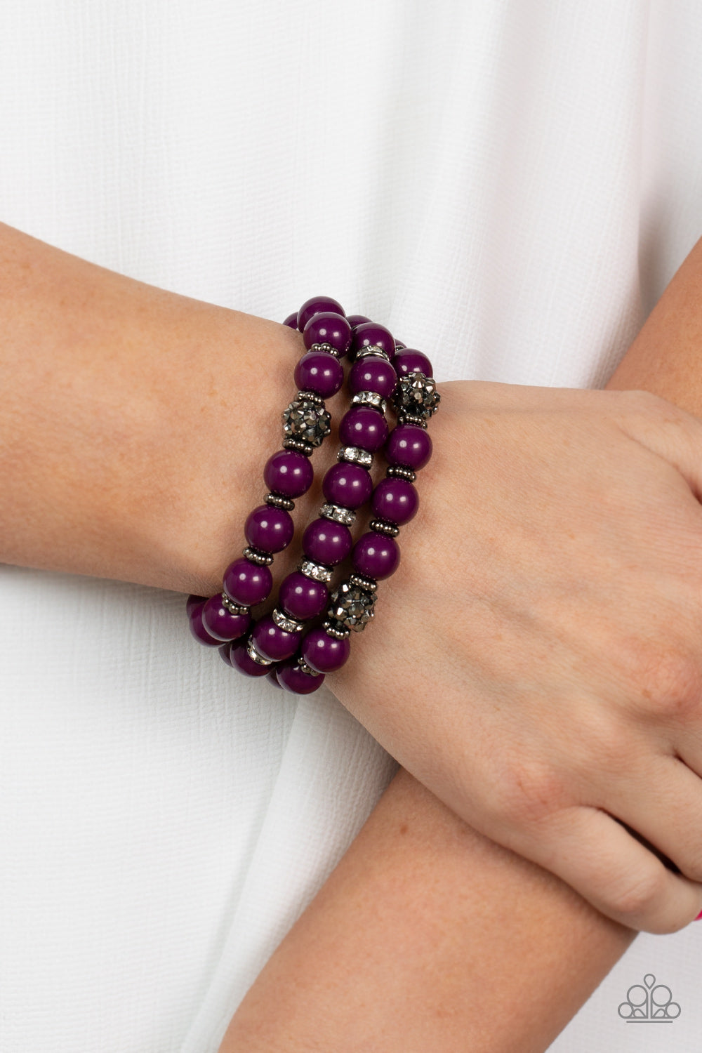 Poshly Packing - Purple Bead, Gunmetal, Hematite and White Rhinestone Ring Bracelet B0666