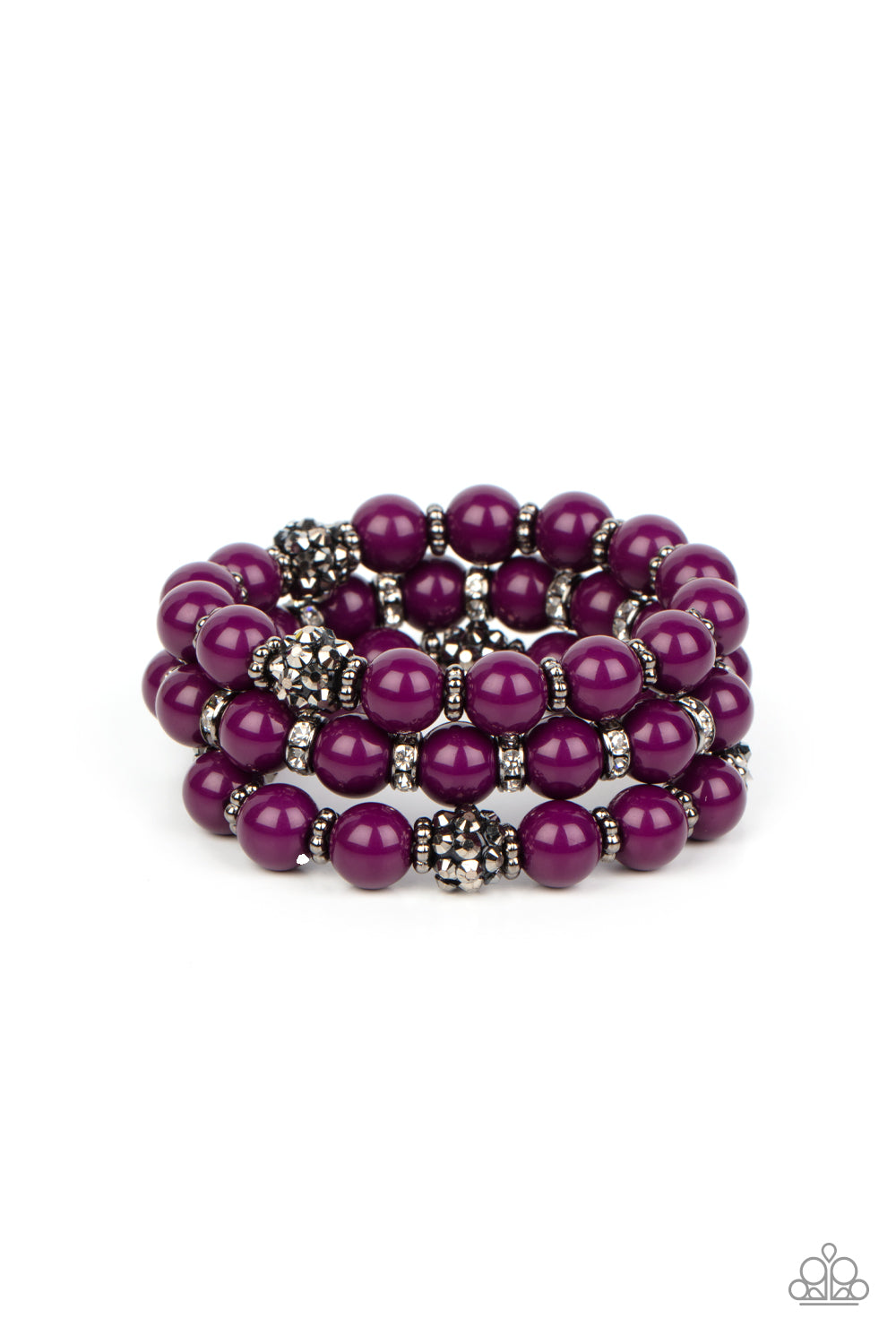 Poshly Packing - Purple Bead, Gunmetal, Hematite and White Rhinestone Ring Bracelet B0666