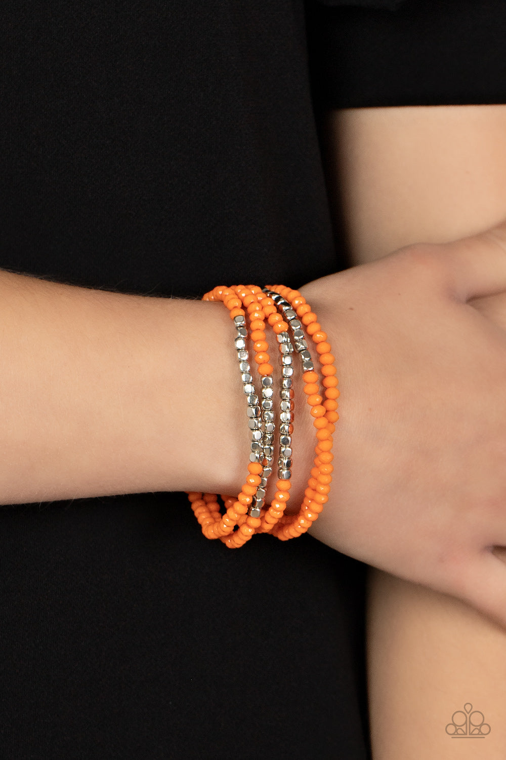 Tulum Trek - Orange And Silver Bead Stretch Bracelet Paparazzi B0687