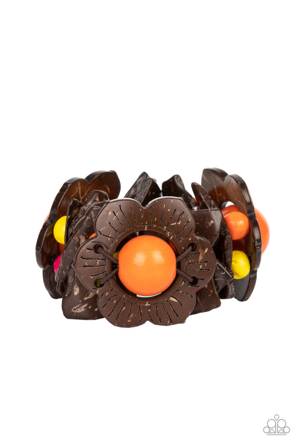 Mediterranean Mangrove - Multi Orange Brown Wooden Flower Stretch Bracelet Paparazzi B1107e