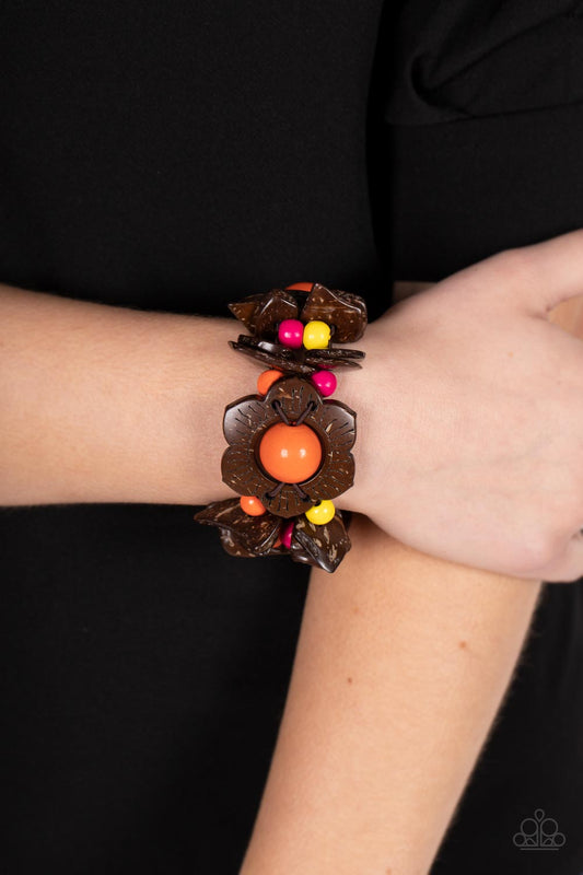 Mediterranean Mangrove - Multi Orange Brown Wooden Flower Stretch Bracelet Paparazzi B1107e