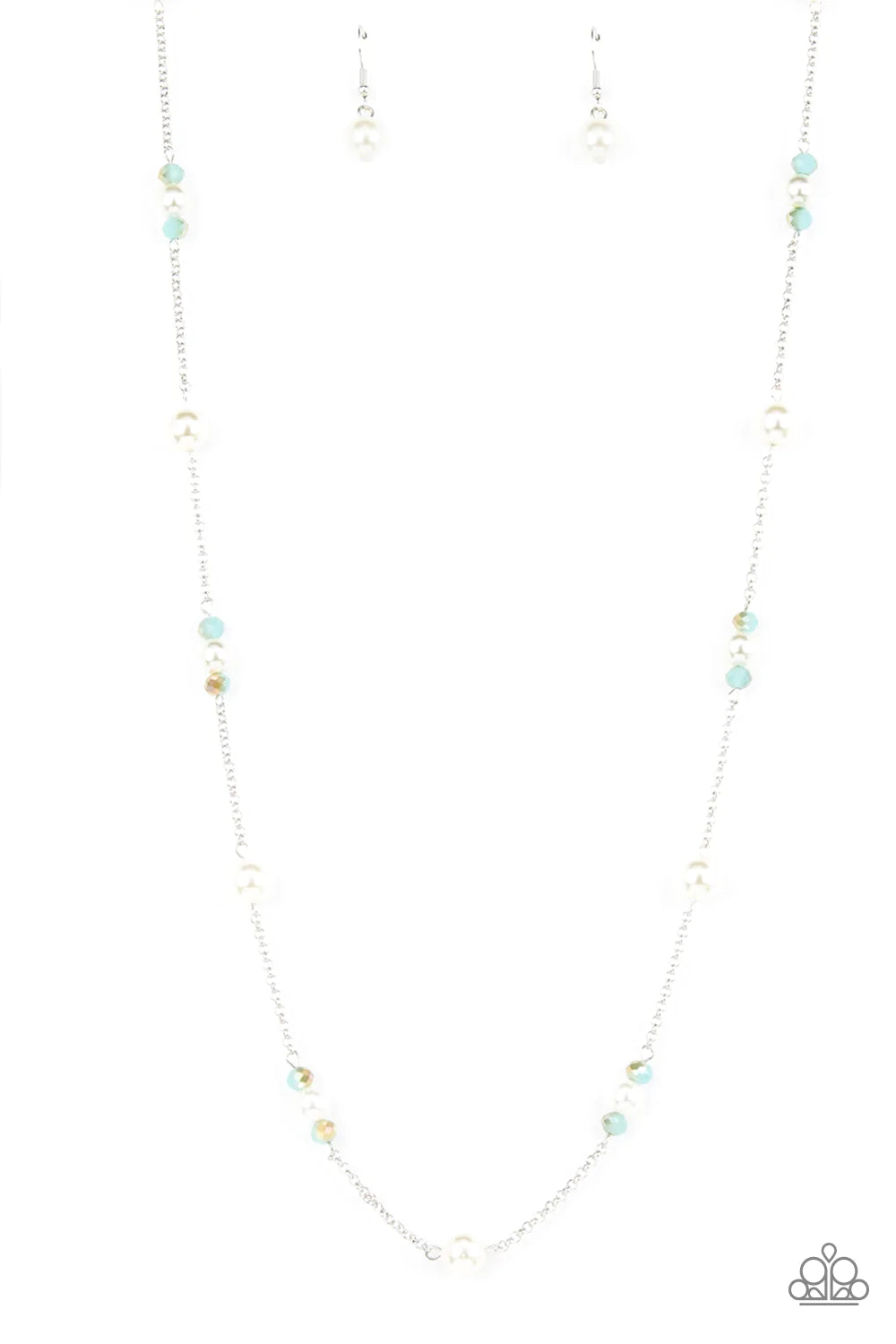 Keep Your Eye On The Ballroom Blue Opalescent Gem White Pearl Necklace Paparazzi N0975