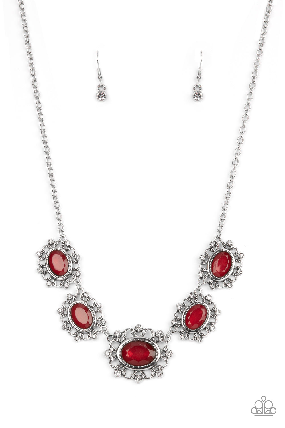 Meadow Wedding - Red Fire Whirl Gem And White Rhinestone Necklace Paparazzi N1158