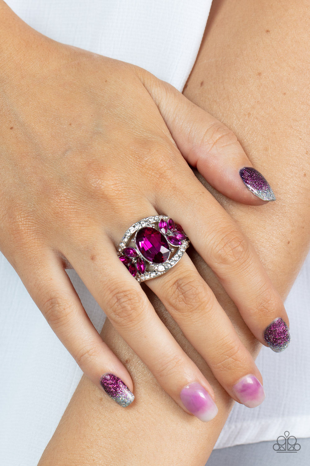 Cosmic Clique - Pink & White Rhinestone Ring Paparazzi R0545