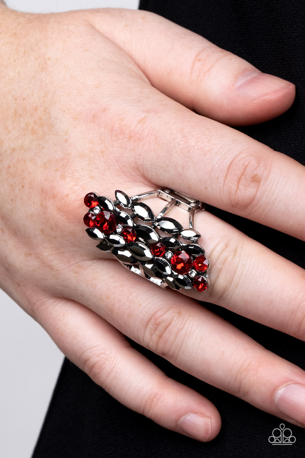 Smoky Smolder - Red Rhinestone & Hematite Ring Paparazzi R0251