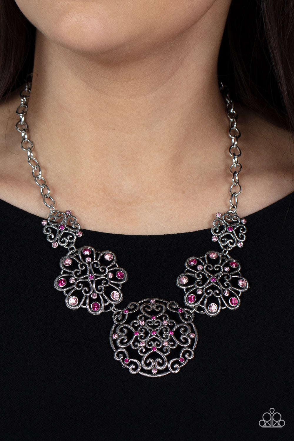 Royally Romantic - Pink Rhinestone Filigree Heart Necklace Paparazzi N0798