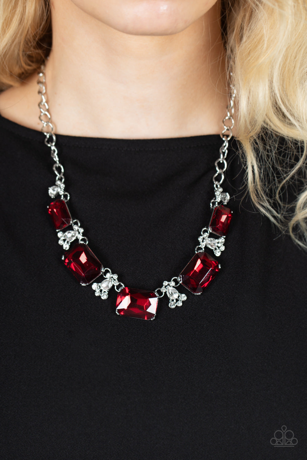 Flawlessly Famous - Red Rhinestone Silver Necklace Paparazzi N0454