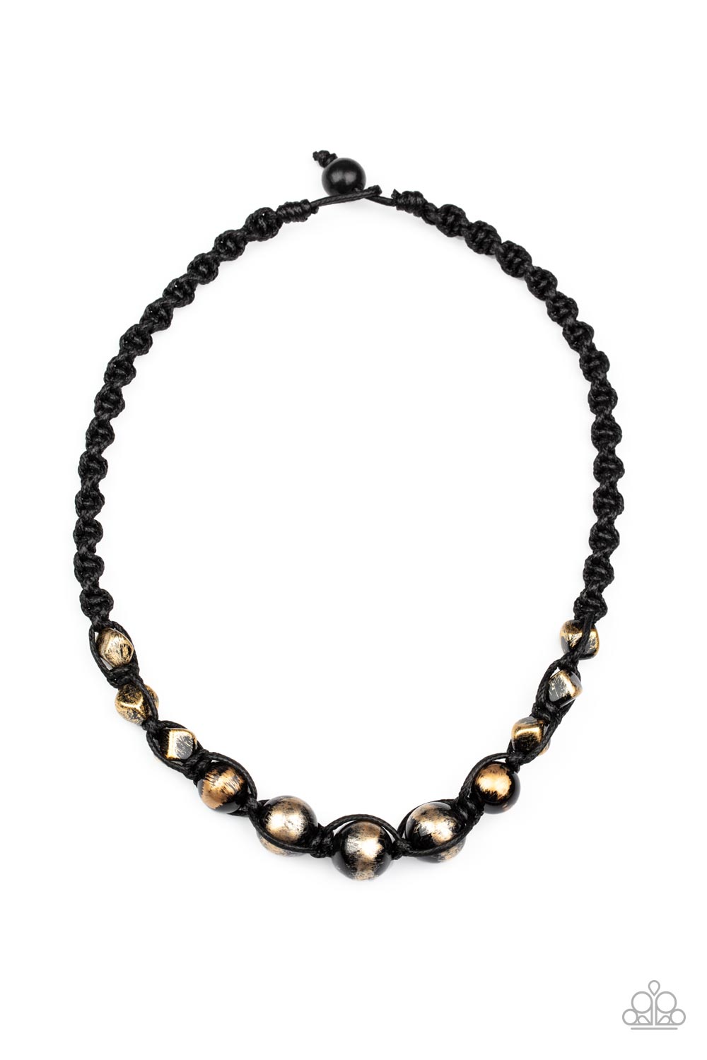 Loose Cannon - Gold Bead And Black Cording Urban Necklace Paparazzi N0553