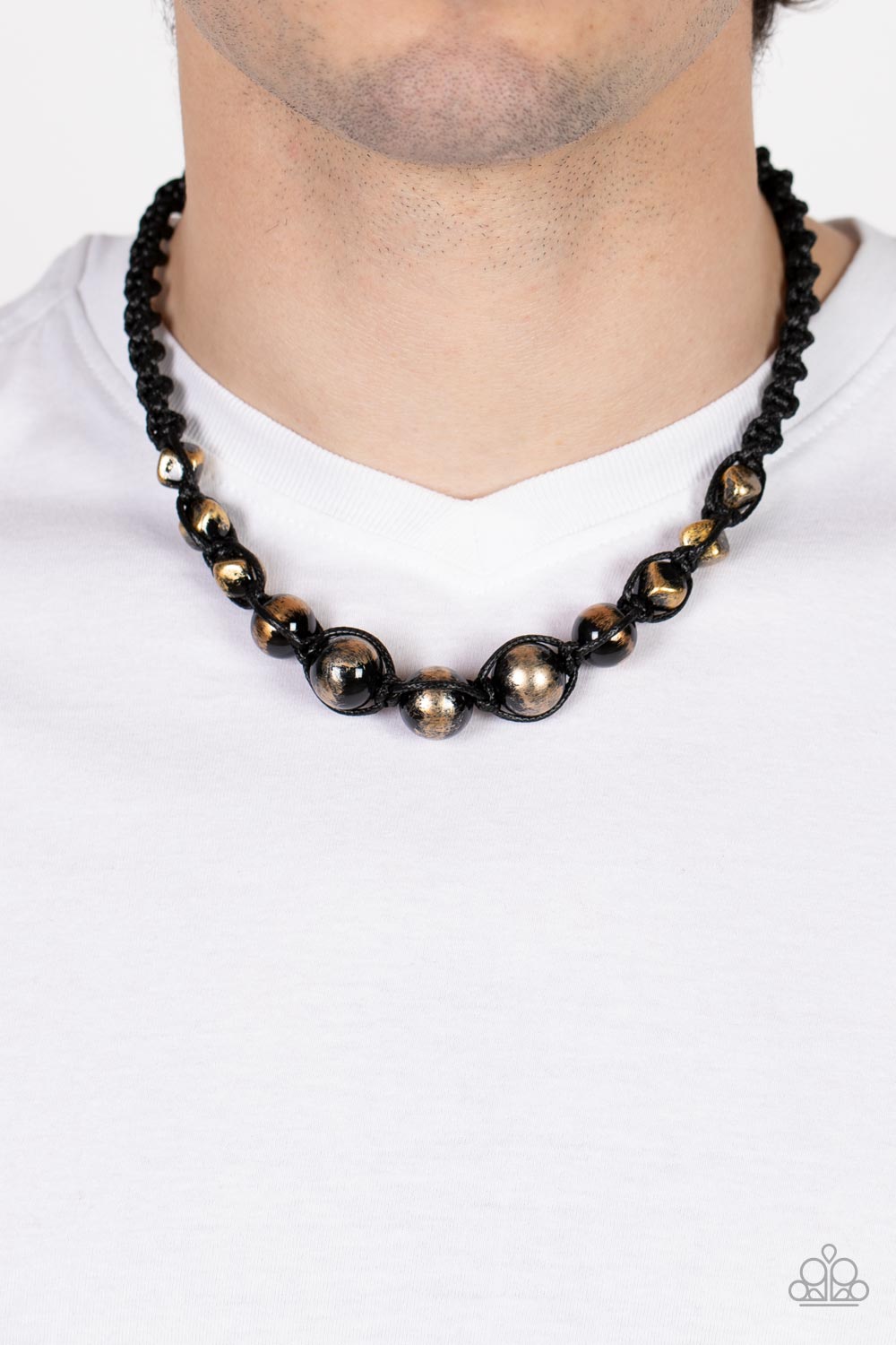 Loose Cannon - Gold Bead And Black Cording Urban Necklace Paparazzi N0553