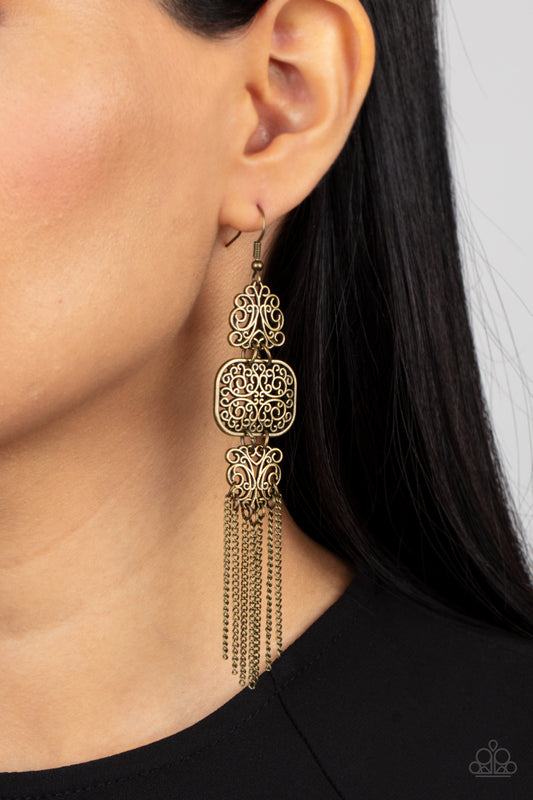 Eastern Elegance - Brass Filigree Chain Earring Paparazzi E0922