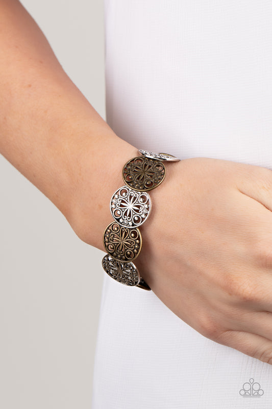 Portico Picnic - Multi Brass & Silver Mandala Filigree Stretch Bracelet Paparazzi B1319