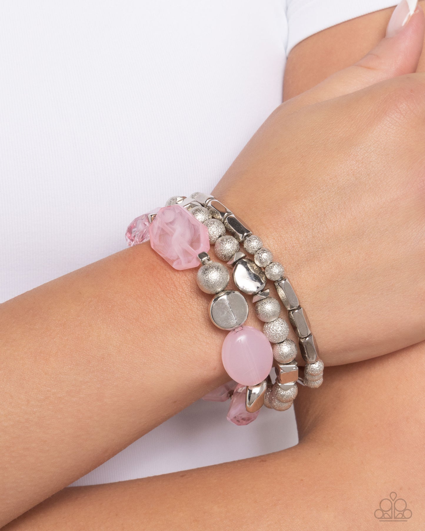 Marina Magic - Pink Pale Rosette & Silver Bead Stretch Bracelet Set Paparazzi B1639