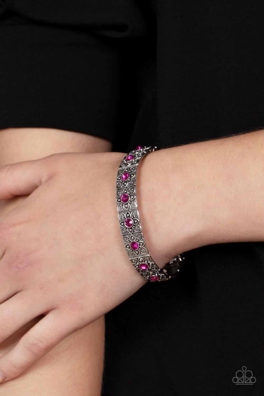 Venetian Valentine - Pink Fuchsia Fedora Rhinestone Stretch Bracelet Paparazzi B0951