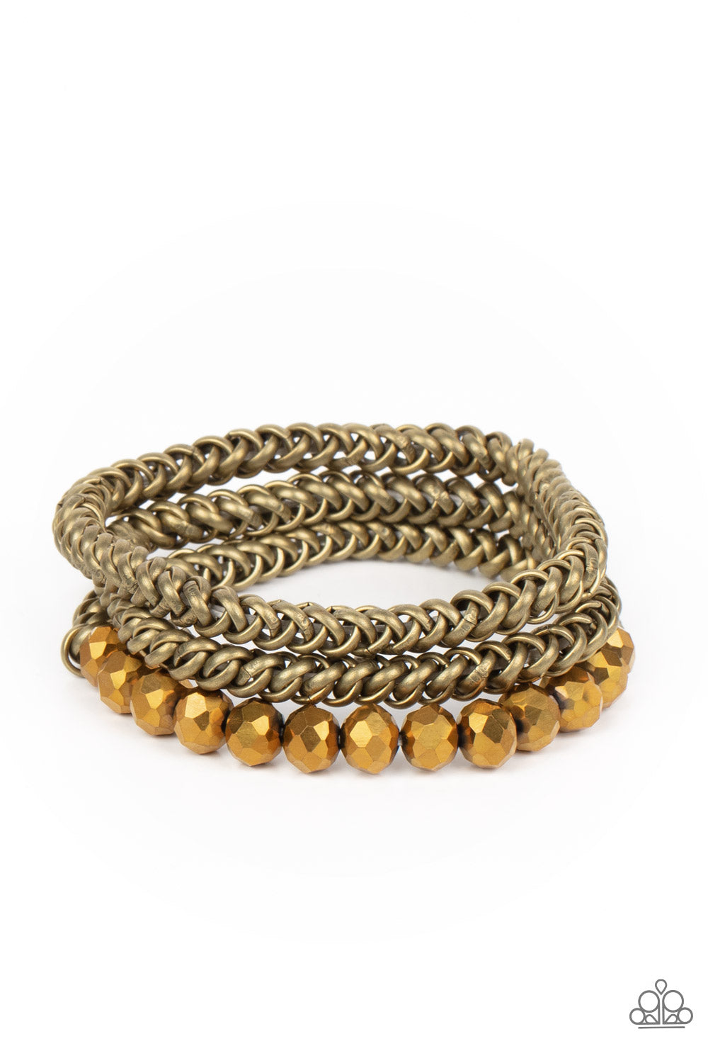 Gutsy and Glitzy - Brass Aurum Crystal Like Bead & Chain Stretch Bracelet Paparazzi B0779