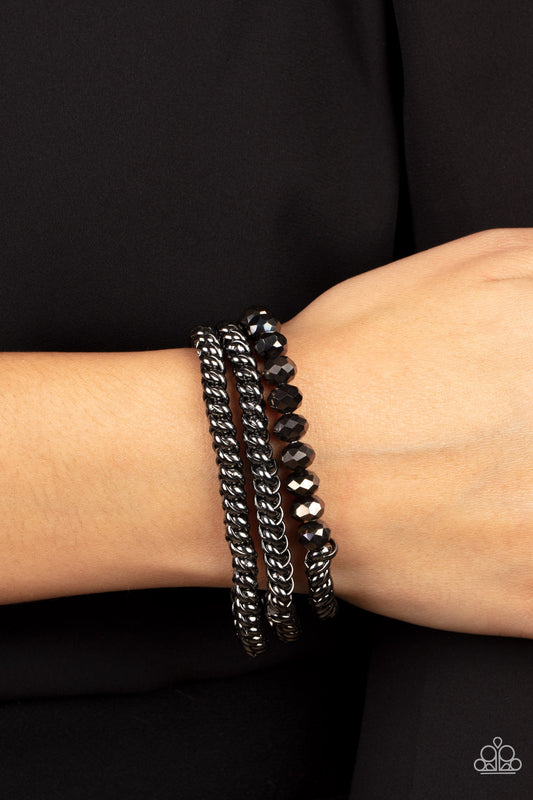 Gutsy and Glitzy - Black Gunmetal Chain Hematite Crystal like bead Stretch Bracelet Paparazzi B0879