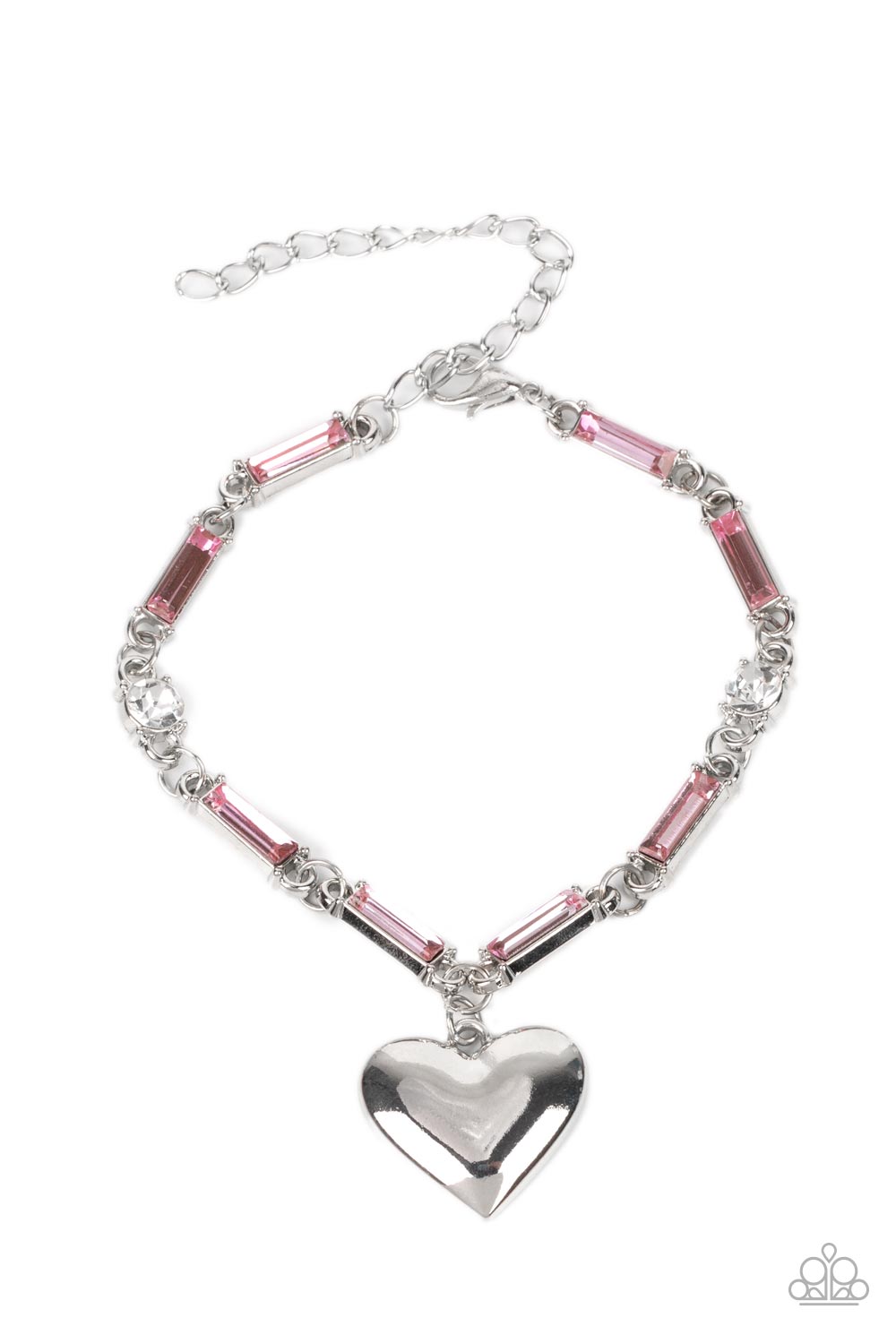 Sweetheart Secrets - Pink & White Rhinestone Silver Heart Bracelet Paparazzi B0353