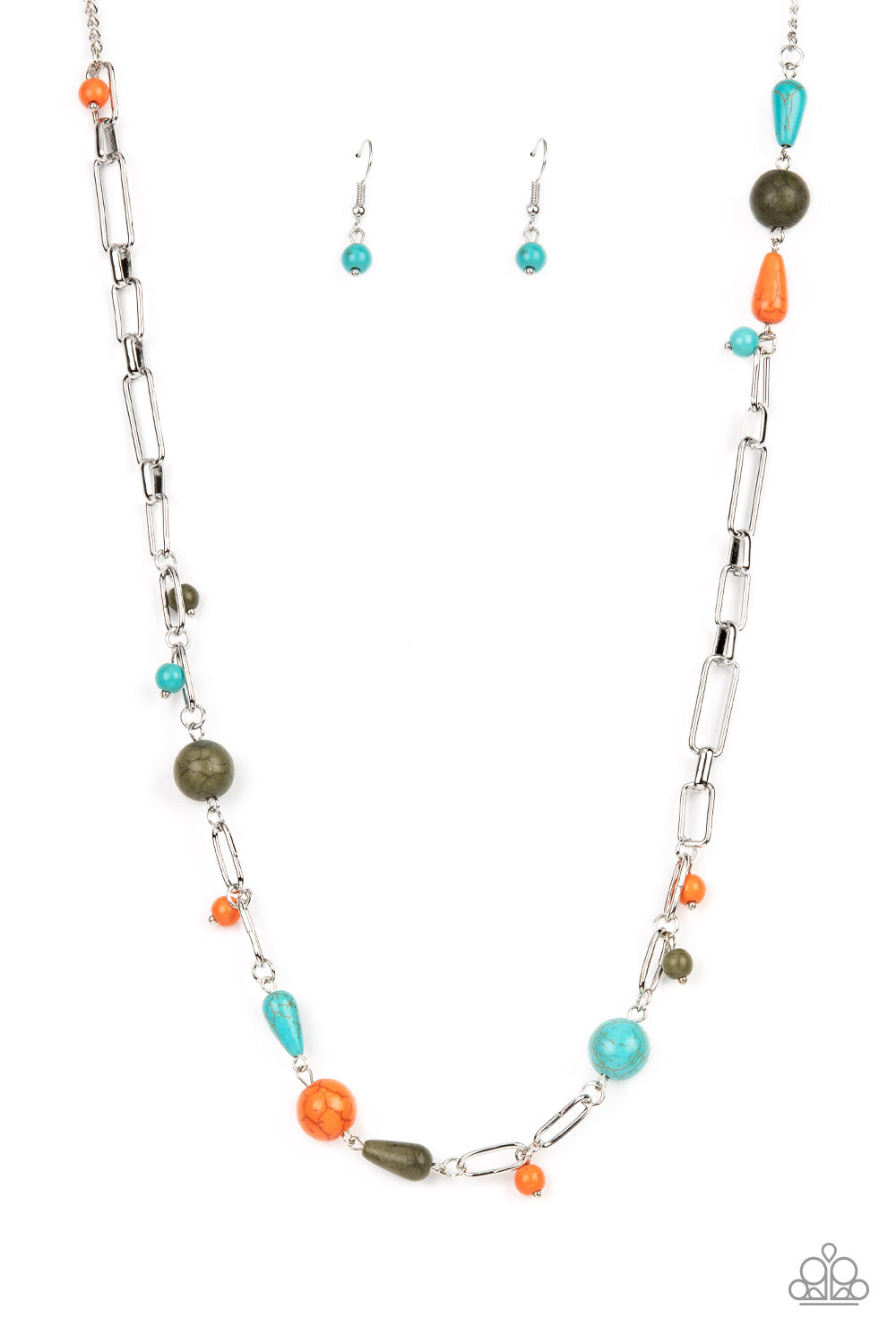 Desert Journey - Multi Color Olive Branch, Orange & Turquoise Stone Bead Santa Fe Style Necklace Paparazzi N1209