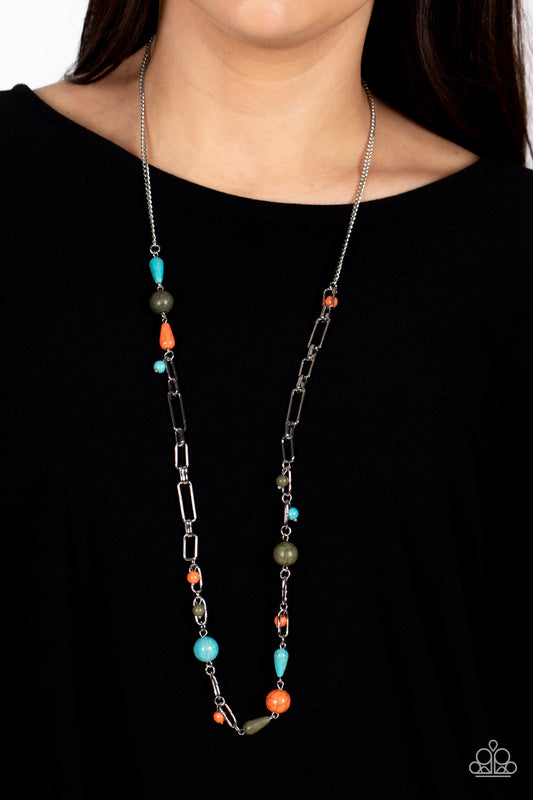 Desert Journey - Multi Color Olive Branch, Orange & Turquoise Stone Bead Santa Fe Style Necklace Paparazzi N1209