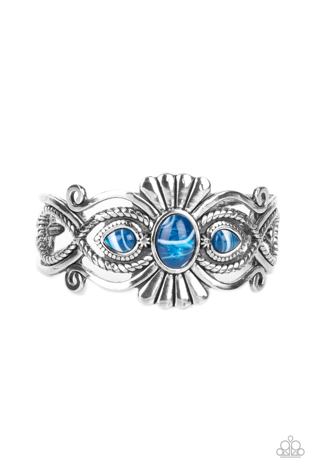 Rural Rumination - Blue Silver Filigree Cuff Bracelet Paparazzi B0375