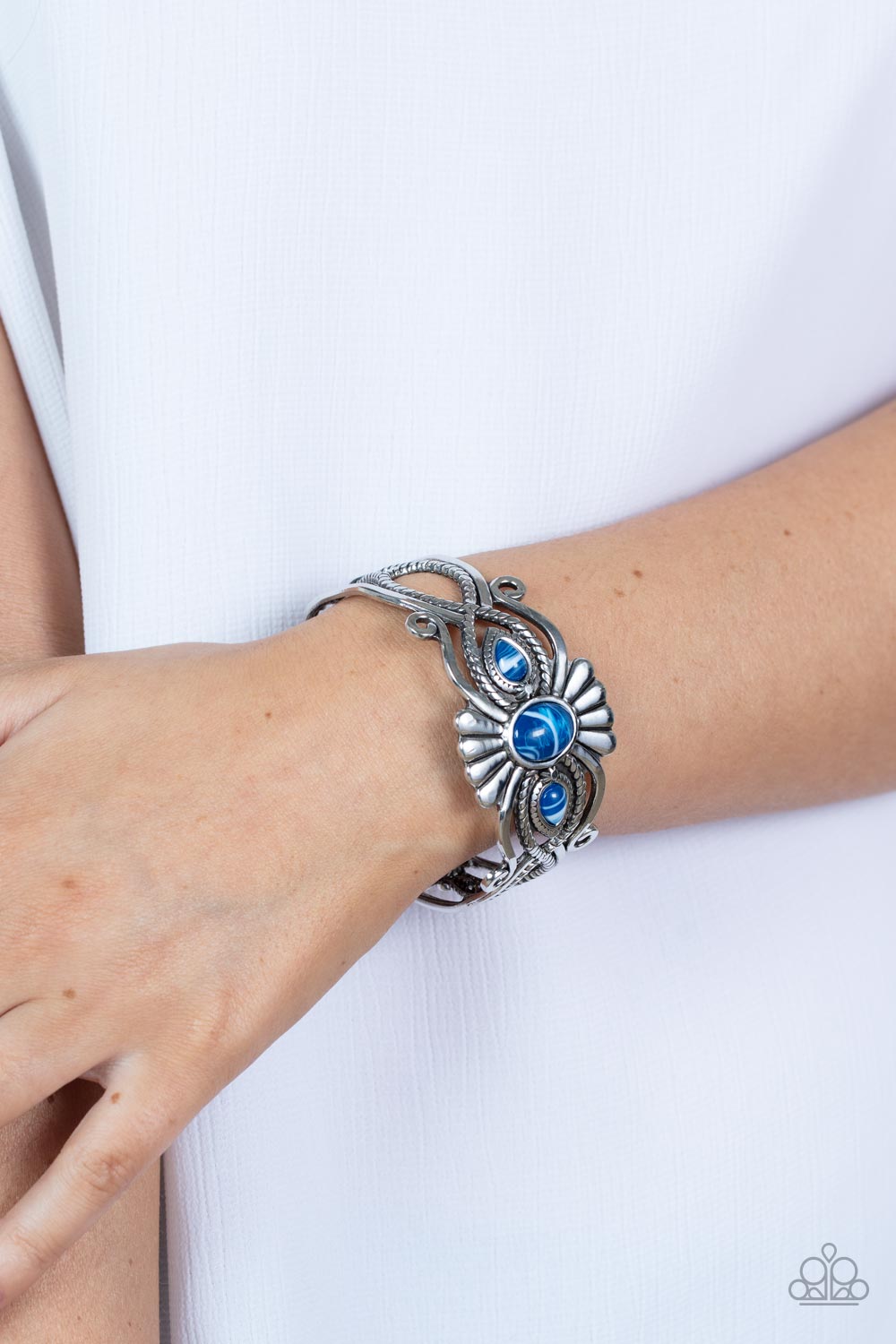 Rural Rumination - Blue Silver Filigree Cuff Bracelet Paparazzi B0375