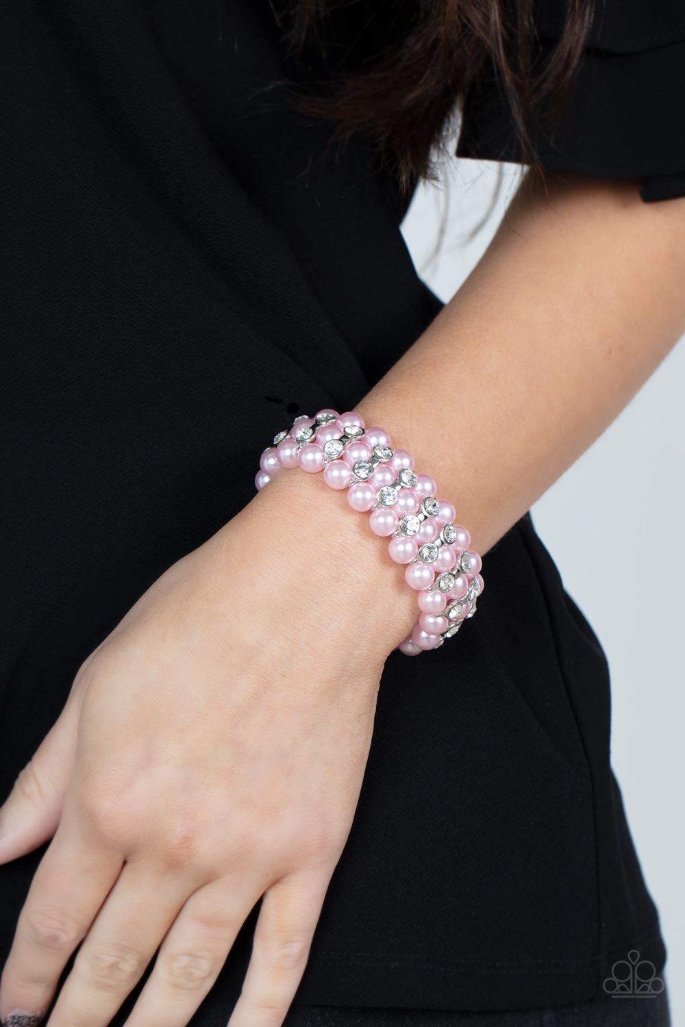 Eiffel Tower Elegance - Pink Bubbly Pearl & White Rhinestone Stretch Bracelet Paparazzi B0891