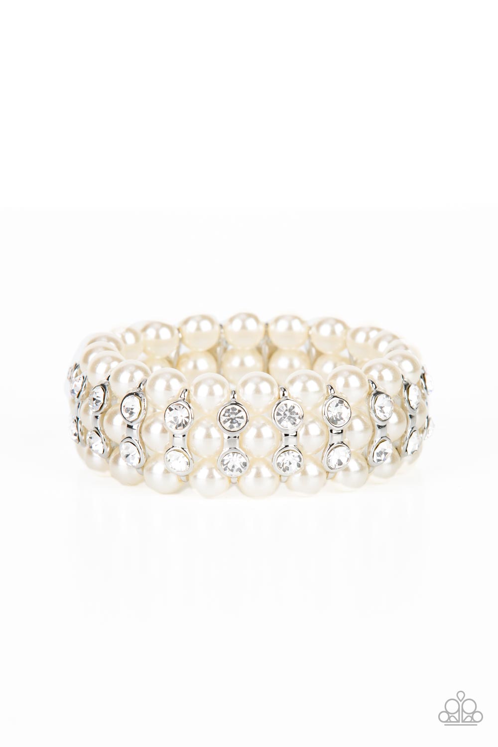 Eiffel Tower Elegance - White Bubbly Pearls And Rhinestone Stretch Bracelet Paparazzi B0705