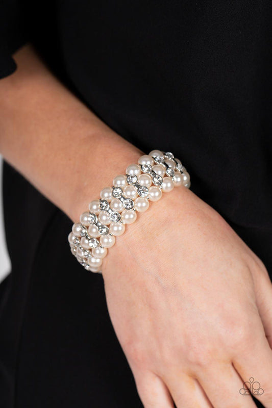 Eiffel Tower Elegance - White Bubbly Pearls And Rhinestone Stretch Bracelet Paparazzi B0705