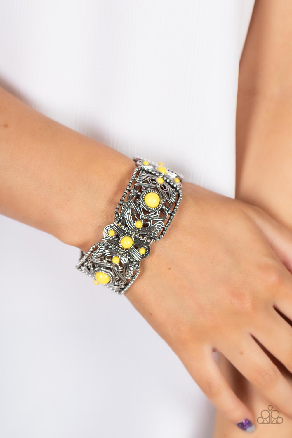 Going, Going, GONDOLA - Yellow Silver Filigree Stretch Bracelet Paparazzi B0688