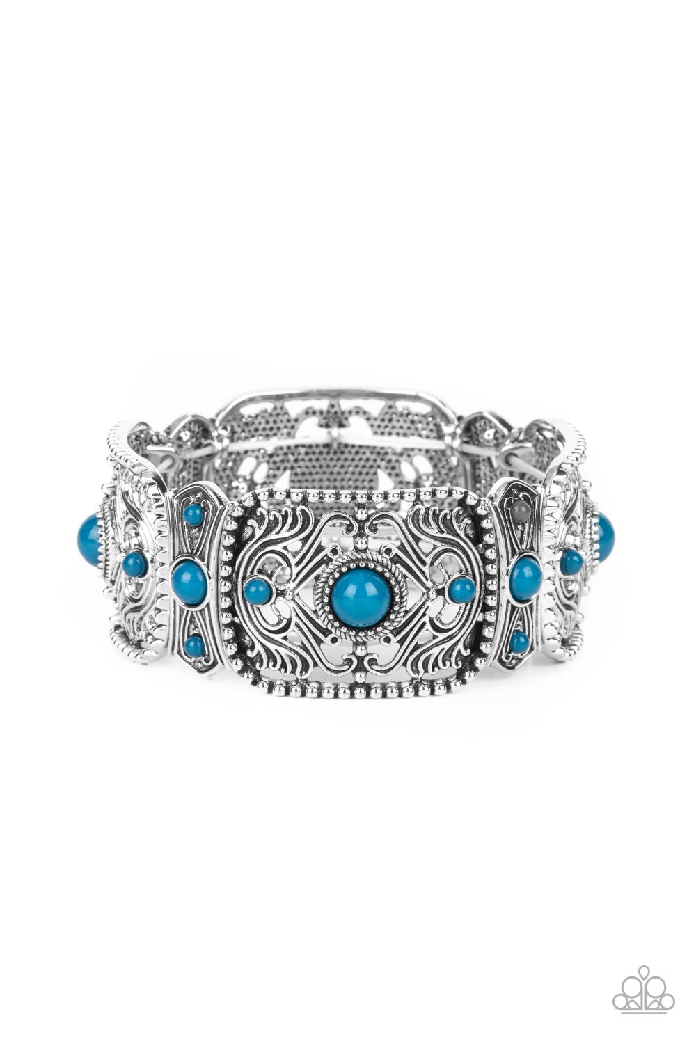 Going, Going, GONDOLA - Blue Mykonos Bead Filigree Stretch Bracelet Paparazzi B0964