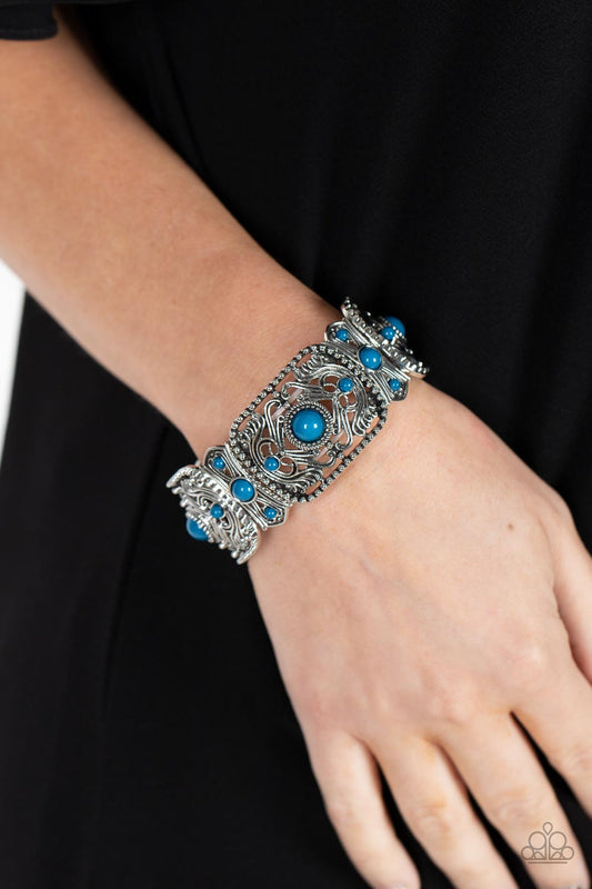 Going, Going, GONDOLA - Blue Mykonos Bead Filigree Stretch Bracelet Paparazzi B0964