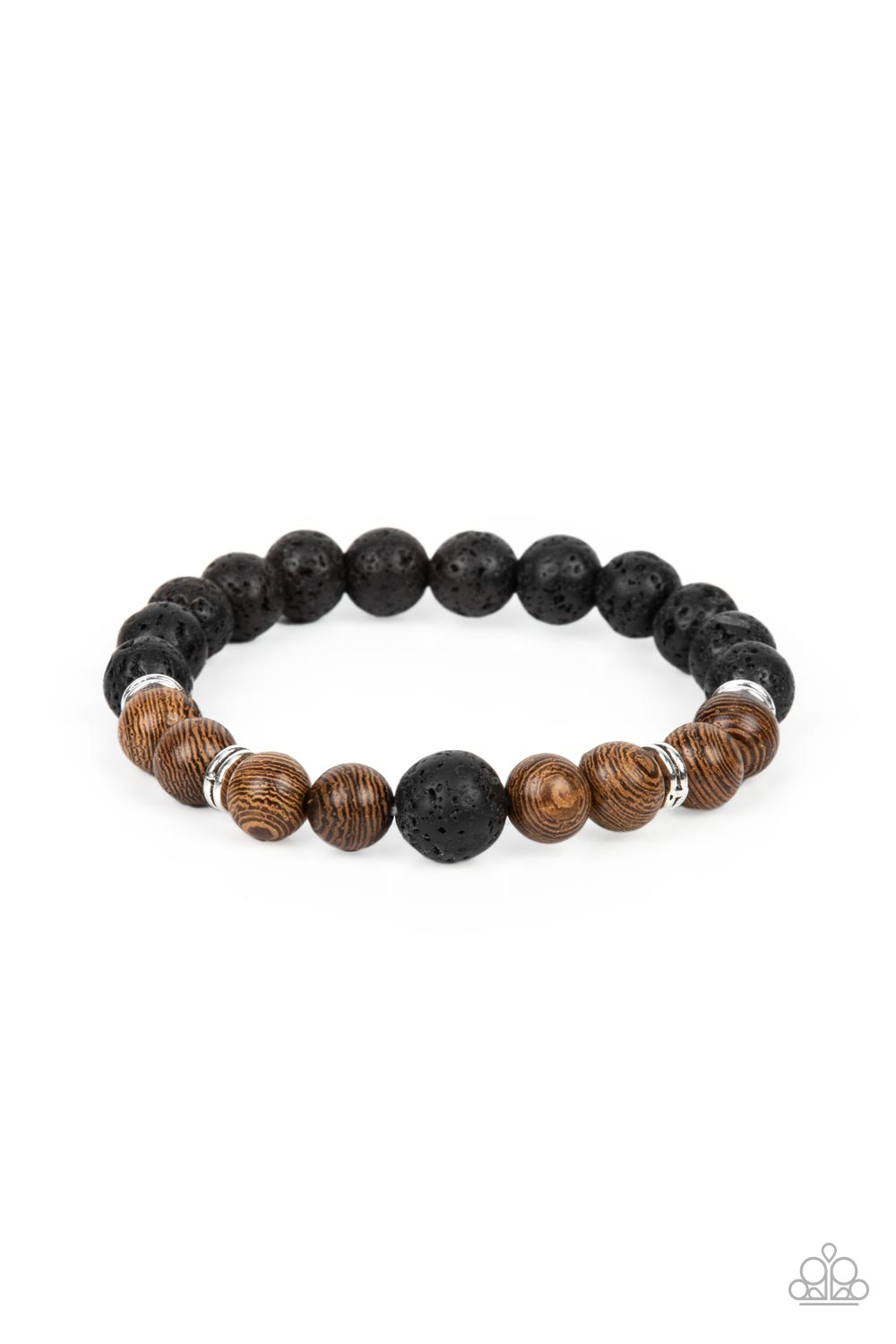 Neutral Zone - Brown Wood Bead Black Lave Stone Urban Stretch Bracelet Paparazzi B0336