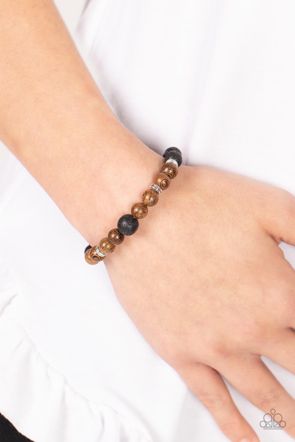 Neutral Zone - Brown Wood Bead Black Lave Stone Urban Stretch Bracelet Paparazzi B0336