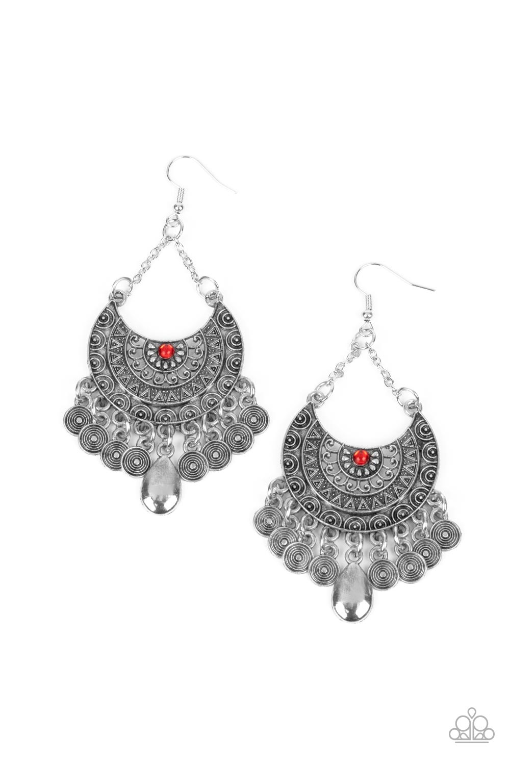 Lunar Allure - Red Rhinestone Tribal Pattern Silver Earring Paparazzi E1724