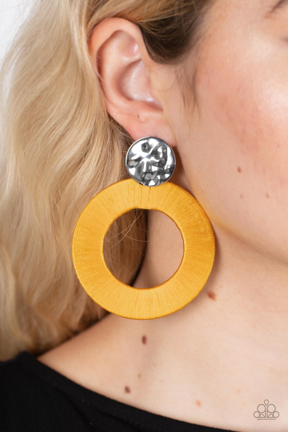 Strategically Sassy - Yellow Thread Wrapped Metal Hoop Post Earring Paparazzi E0561