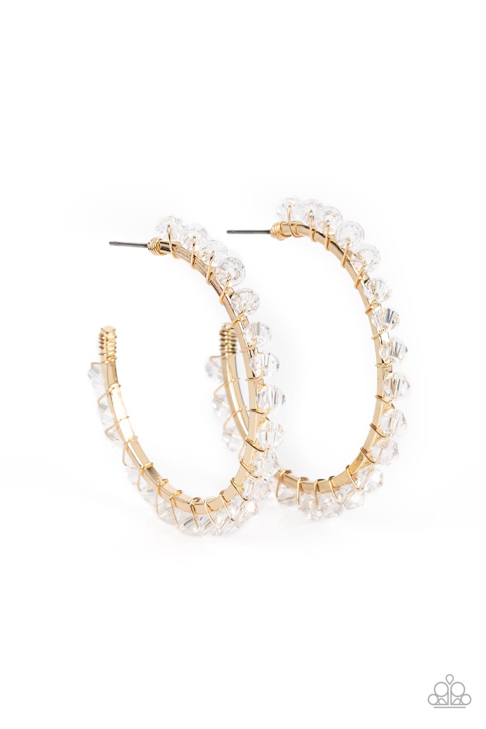 Halo Hustle - Gold & White Crystal 1 3/4 Inch Hoop Earring Paparazzi E1710