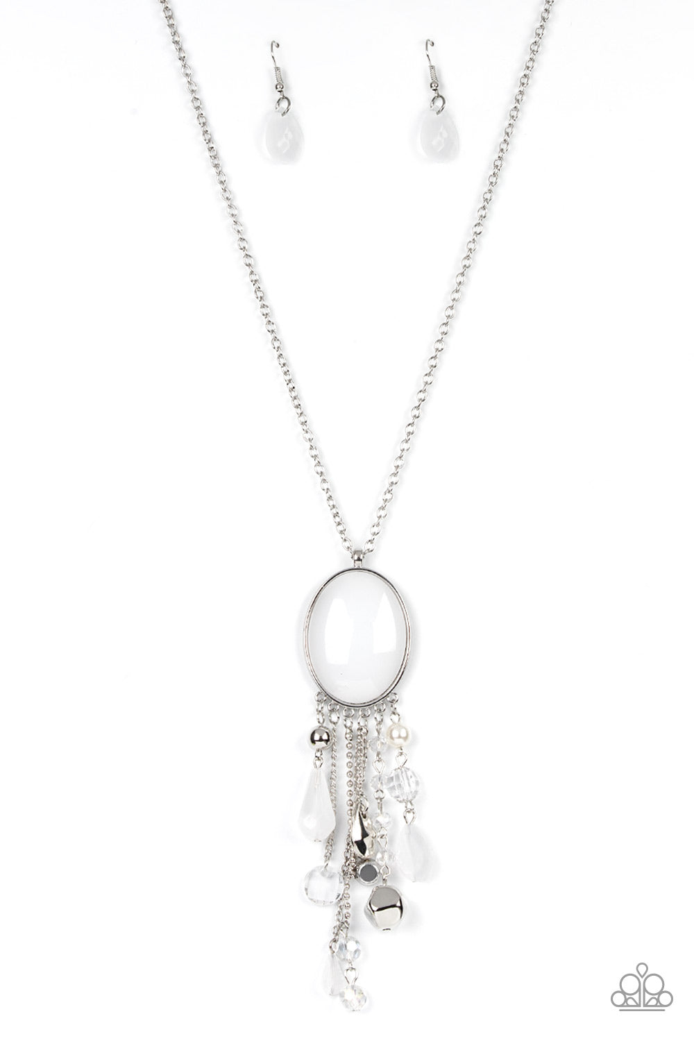 Whimsical Wishes - White Rhinestone, Pearl, Crystal Bead Tassel Necklace Paparazzi N0753