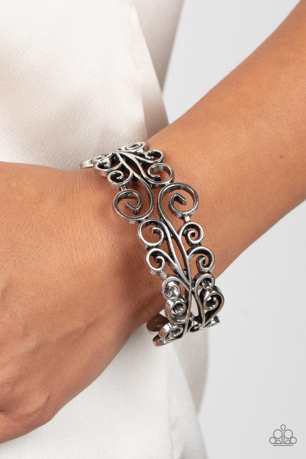 Dressed to FRILL - Silver Frilly Silver Filigree Bracelet Hinge Bracelet Paparazzi B1373