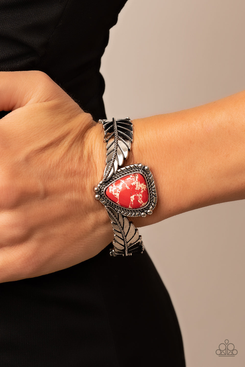 Desert Roost - Red Stone Silver Feather Hinge Bracelet Paparazzi B0543